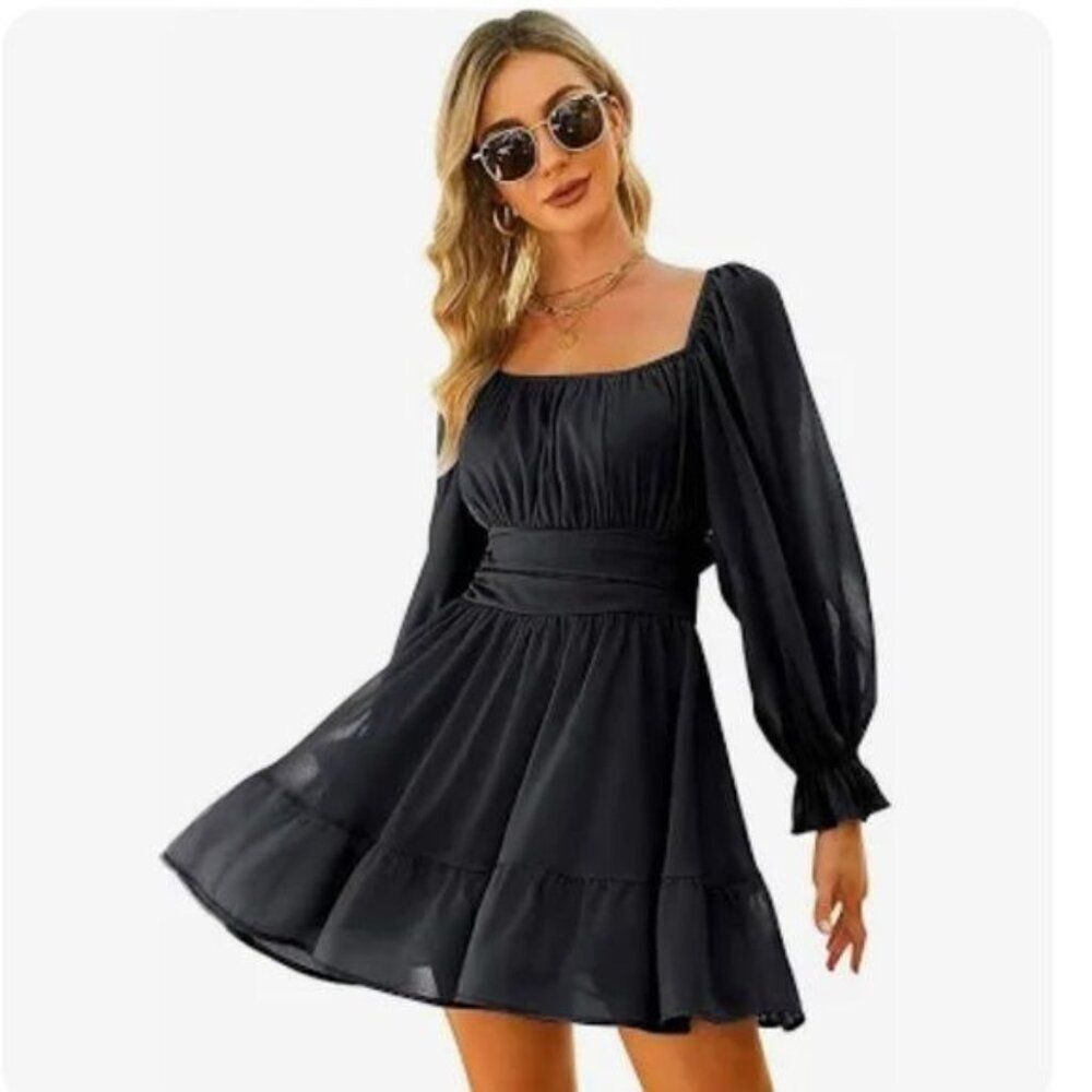 Exlura Women Square Neck /Off Shoulder Long Lantern Sleeve Dress Size M